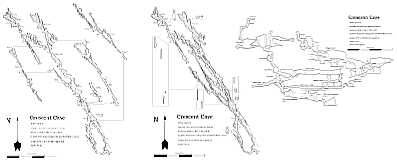 The three pages of the Crescent Cave survey; left: plan view with overlapping levels separated, centre: plan view, right: profile. Survey by M W-J, I W-J, P W-J, MR. Drawn by M W-J. (c) 2000; Brynmawr Caving Club and Mark Wilton-Jones.